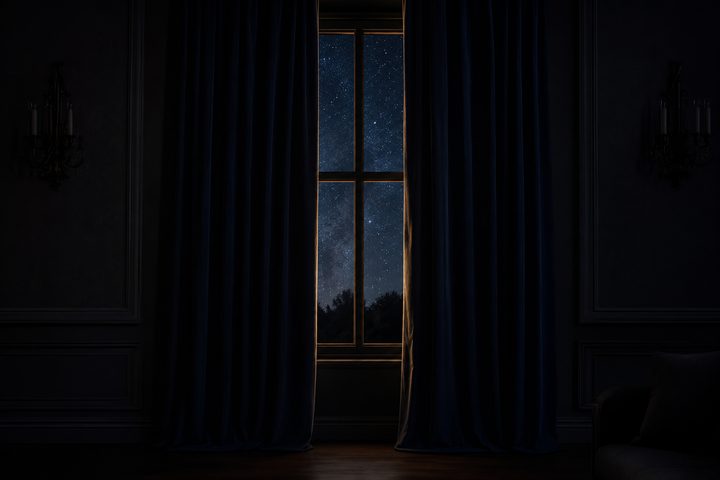 Dark curtains framing starry night window