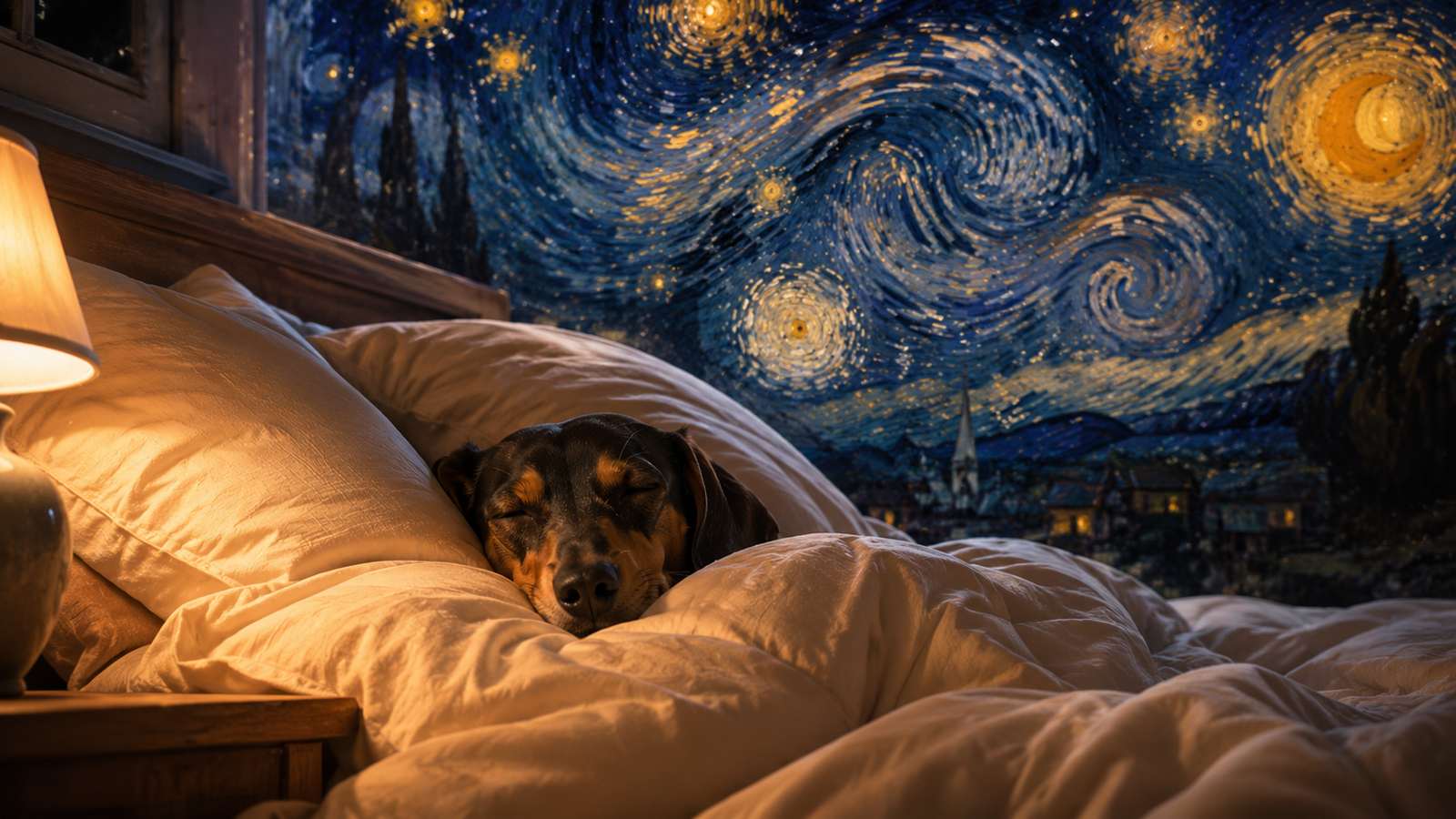 A dachshund sleeping nestled deep into a pile of plush pillows, warm lamplight against a Van Gogh starry night window