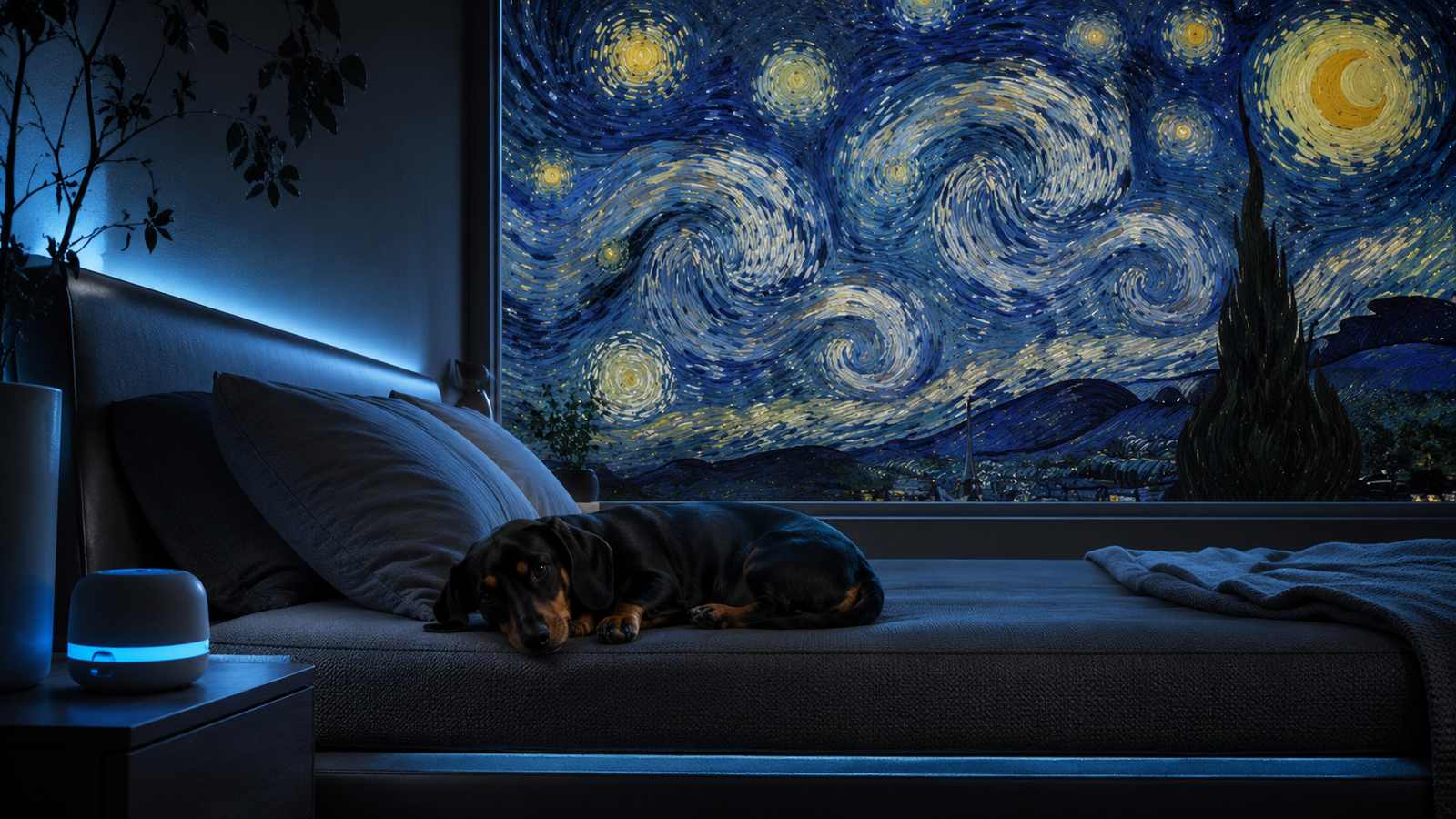 A dachshund resting beside a glowing smart sleep tracking device, with a Van Gogh starry night mural behind